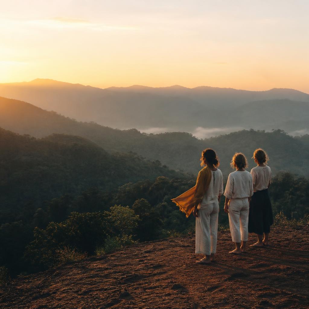 Sunrise over a misty, forested mountain valley